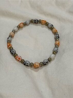 Handcrafted Orange & Gray Skull Bead Stretch Bracelet
